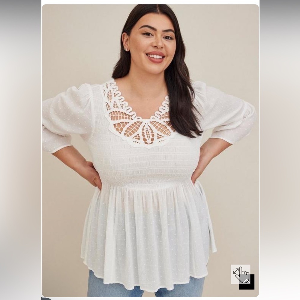 NWT Torrid Babydoll Clip Dot Gauze‎ With Crochet Detail Top